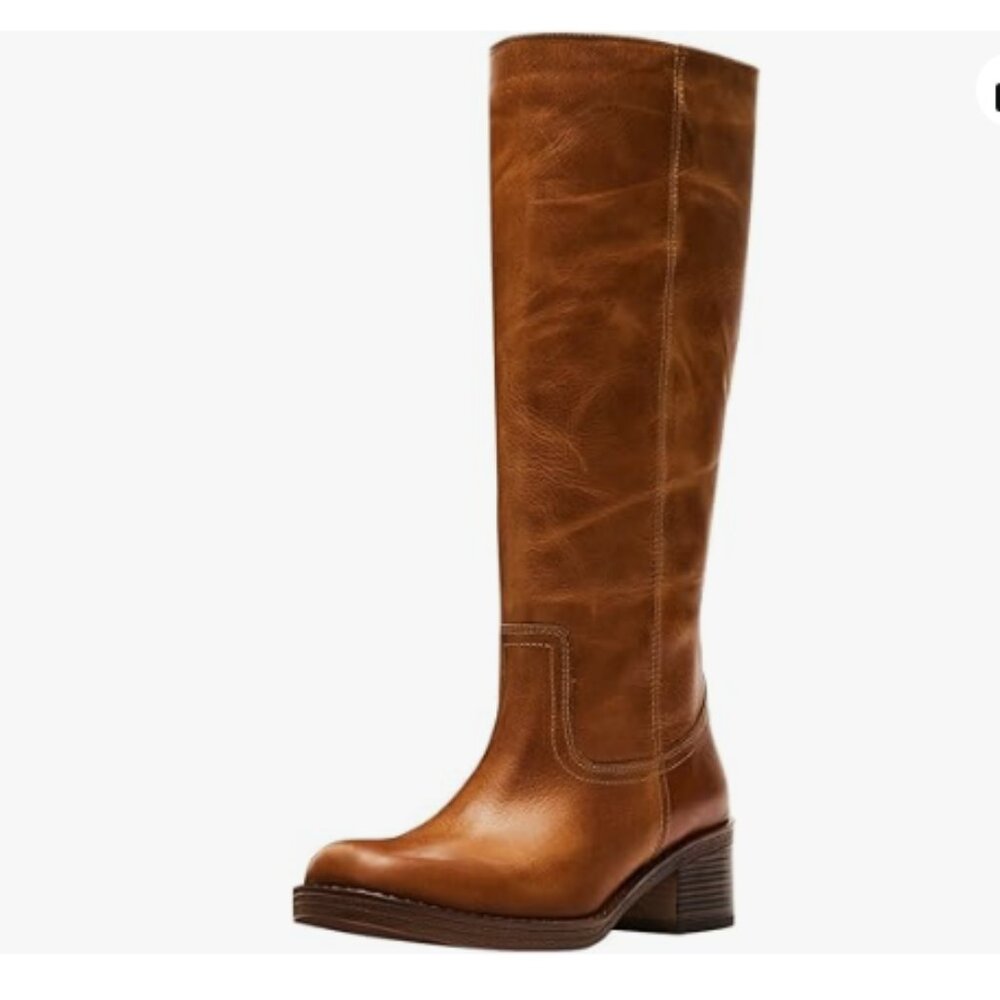 FOWT Women Platform Round Toe Calf High Boots Chunky Low Heel Riding Boots Brown
